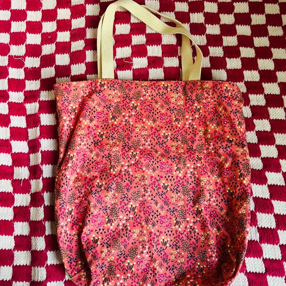 Floral Tote Bag with Beige Handles